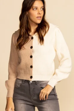 New Pink Martini Amy Button-Up Sweater-Taupe|