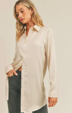 Clearance Sadie & Sage Bianca Satin Long Shirt-Beige|