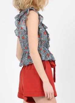 Best The Korner Blue Printed V-Neck Cotton And Silk Top|
