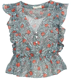 Best The Korner Blue Printed V-Neck Cotton And Silk Top|