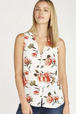 Sale Apricot Floral Button Down Sleeveless Shirt|