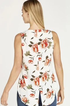 Sale Apricot Floral Button Down Sleeveless Shirt|