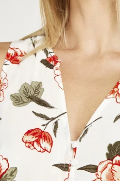 Sale Apricot Floral Button Down Sleeveless Shirt|