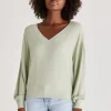 New Z Supply Francis Marled V-Neck Top-Pistachio|
