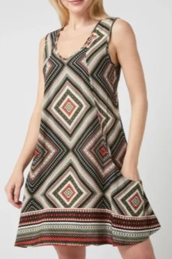 Outlet Apricot Geo Print V-Neck Dress-Khaki|