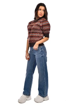 Best RD Style Giselle Fair Isle Short Sleeve Sweater-Brown Mix|