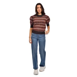 Best RD Style Giselle Fair Isle Short Sleeve Sweater-Brown Mix|