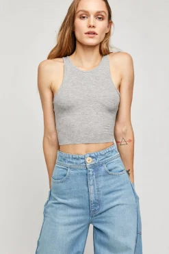 Best Free People High Neck Ribbed Crop-Heather Grey|