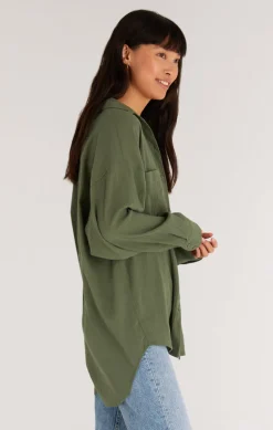 Z Supply Lalo Gauze Button Up Top-Forest|