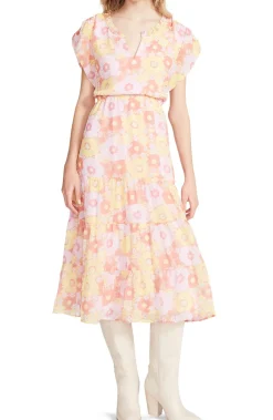 New BB Dakota by Steve Madden Leigh Floral Midi Dress-Pink Multi|