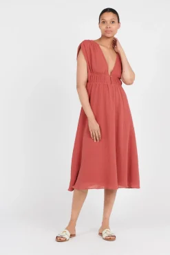 Hot The Korner Linen Midi Dress-Brick|
