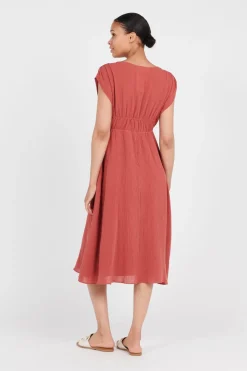 Hot The Korner Linen Midi Dress-Brick|