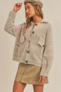 Clearance Sage The Label Lola Plaid Sweater Jacket-Beige Brown|