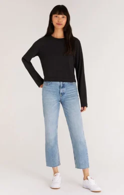 New Z Supply Lupita Crop Long Sleeve Top-Black|