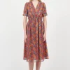 Hot The Korner Orange Short Crepe V-Neck Dress With Floral Print|