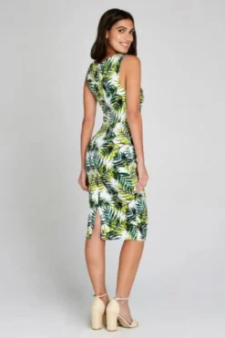 Online Apricot Palm Leaves Ruched Bodycon Dress|