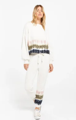 Clearance Z Supply Tempest Stripe Tie-Dye Fleece Pullover-Bone|
