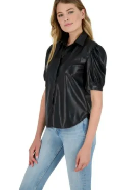 Sale BB Dakota The More You Faux Vegan Leather Puff Sleeve Shirt|